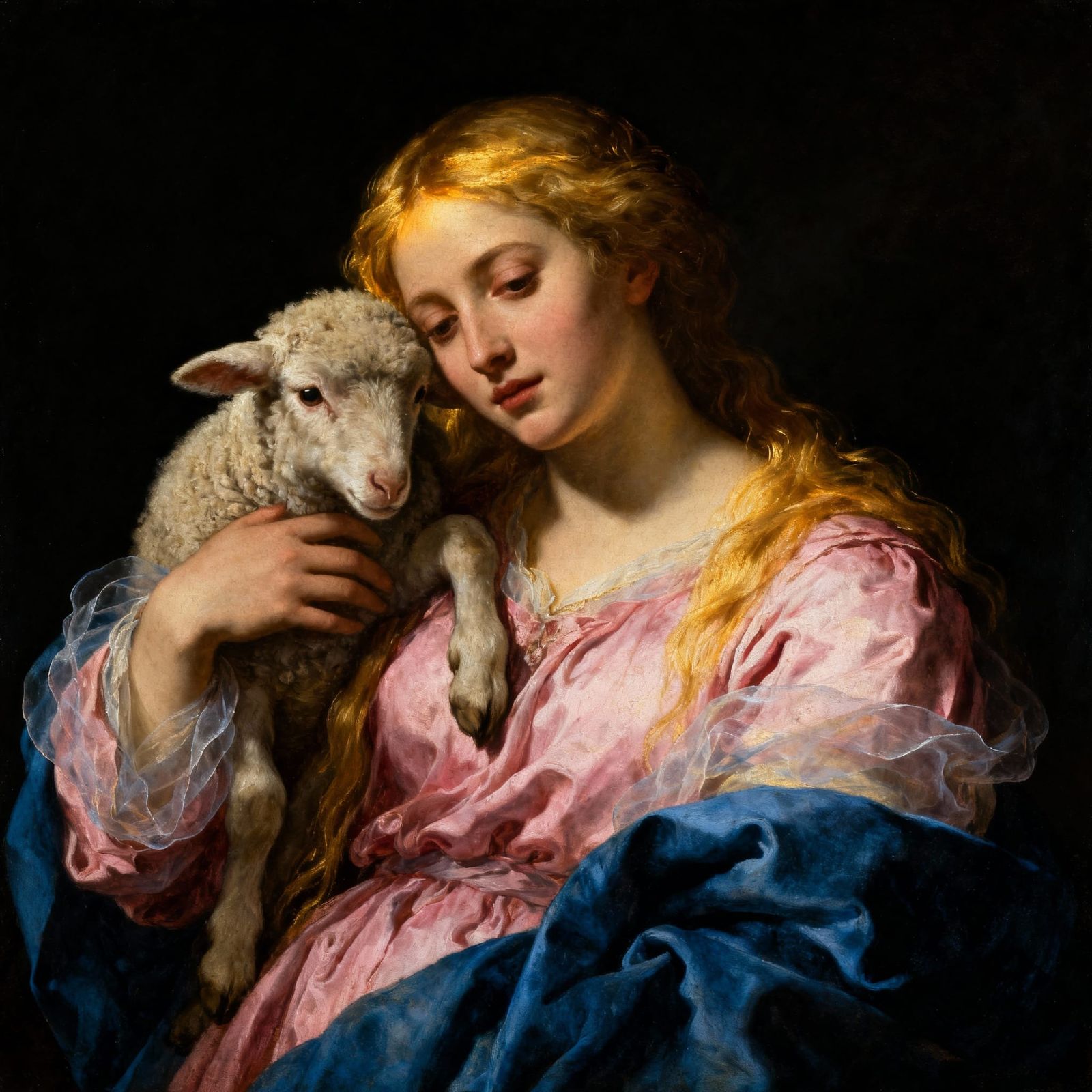 Woman With Lamb, Caravaggio Style Painting