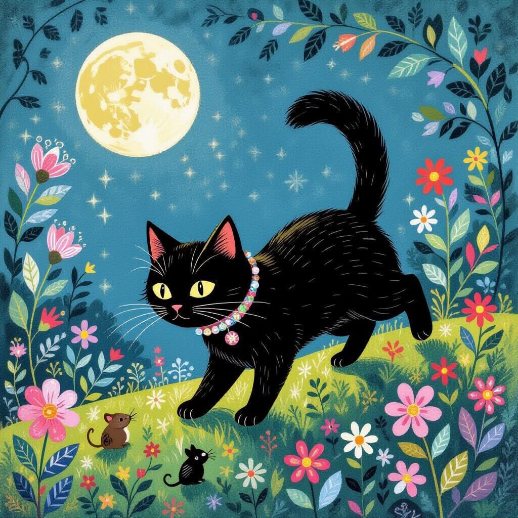 Black Cat in Moonlit Garden, Watercolor Style