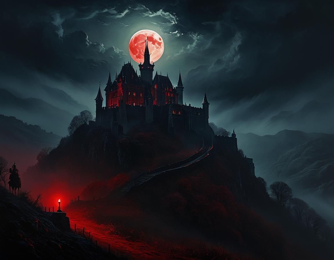 Mysterious Castle Under Blood Moon: Dark Romantic Oil Painti...