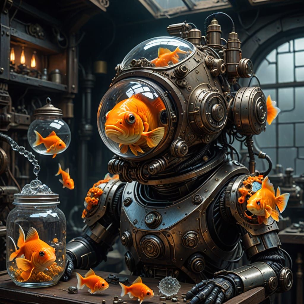Cyberpunk Goldfish Automaton with Visible Gears