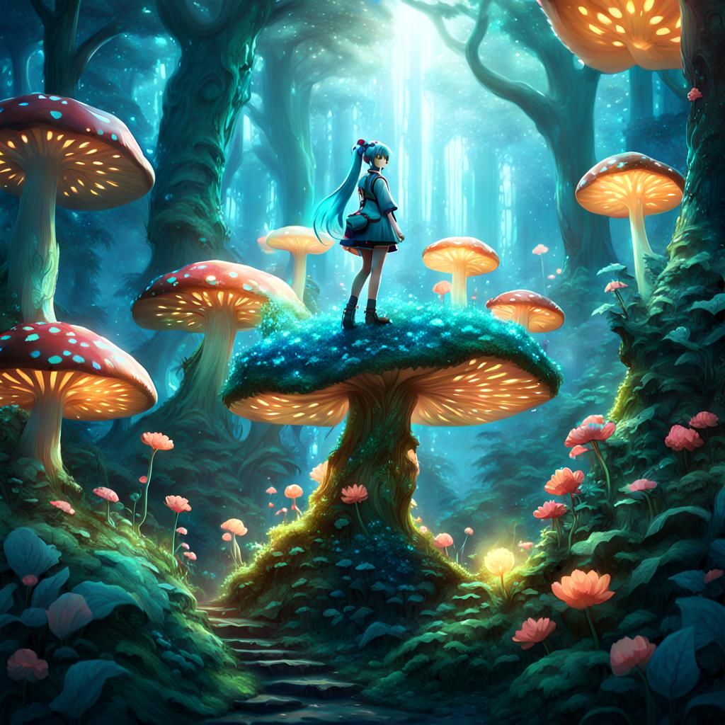 Miku in Whimsical Forest, Art Nouveau Style