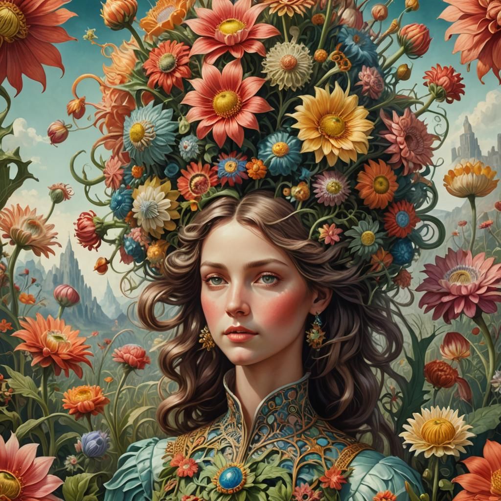 Woman with Flowers: Ernst Haeckel-Inspired Portrait