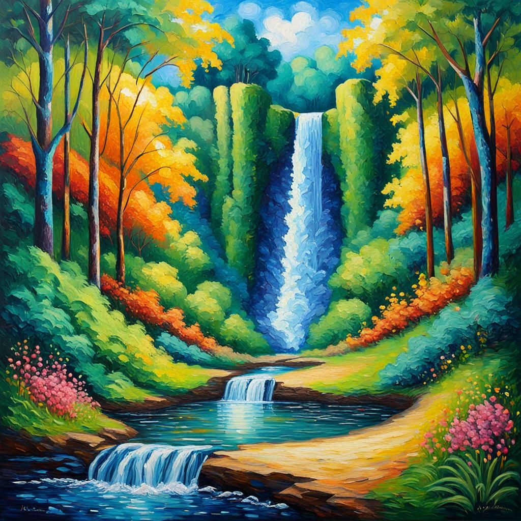 Hourglass Forest with Waterfall in Impasto Style