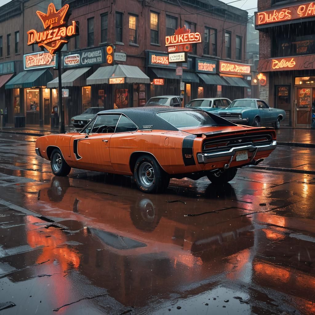 1969 Dodge Charger RT in Neon-Lit Rain