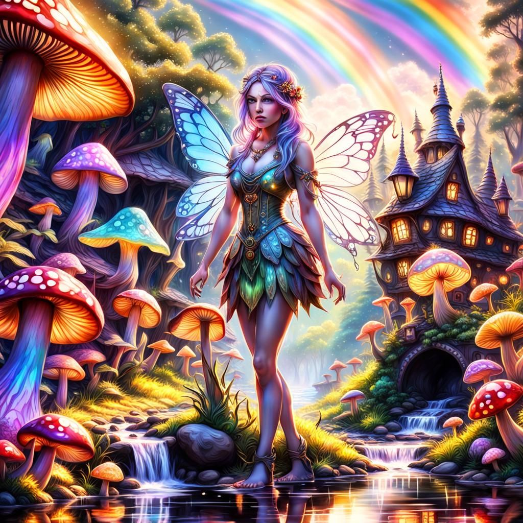 Psychedelic Fairy Village with a Rainbow Aura