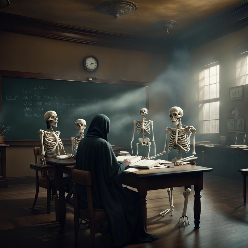 Ghosts in Classroom With Skeleton Teacher