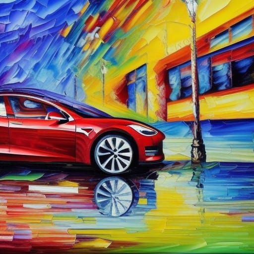Tesla Advanced Cars in Expressionist Oil Painting