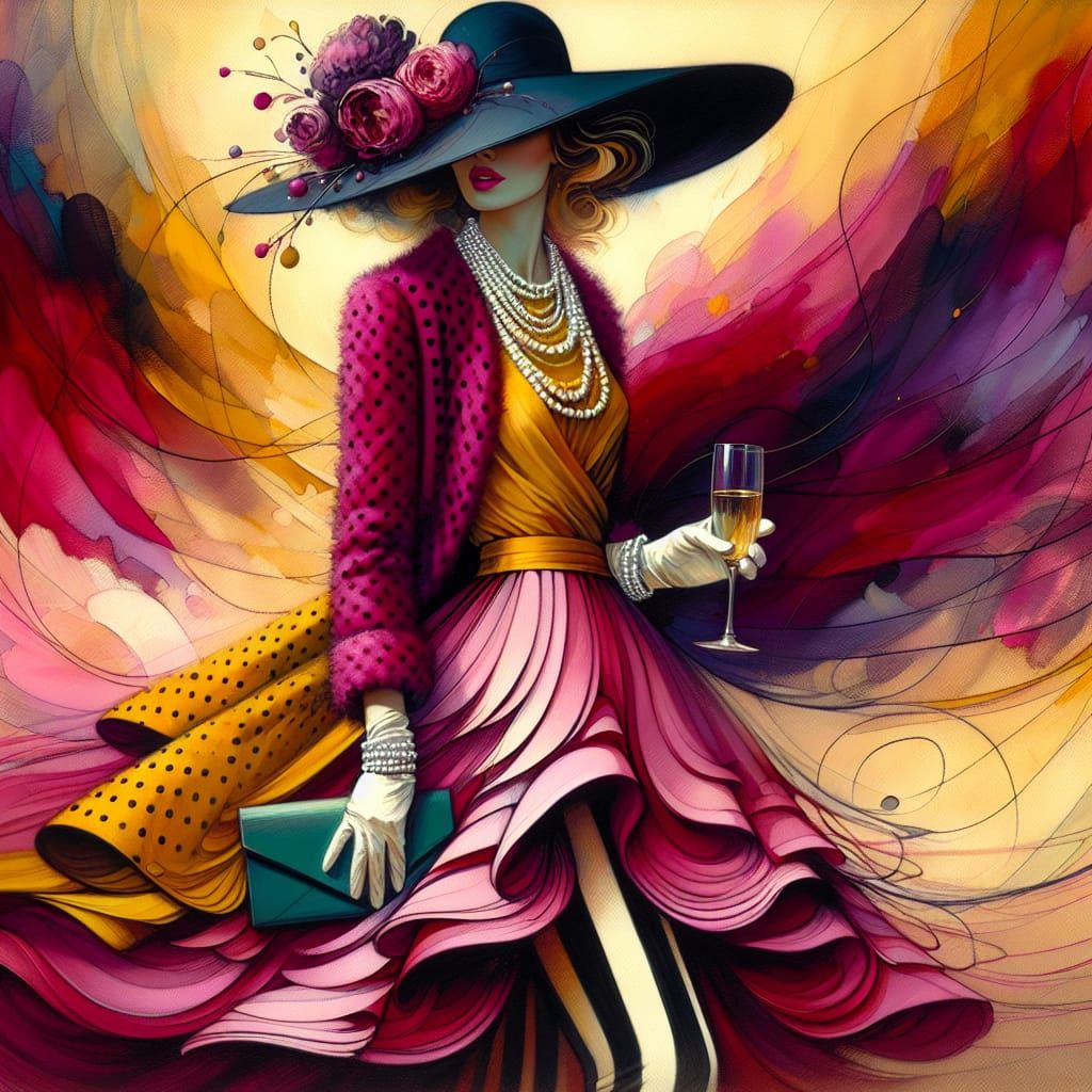 Elegant Woman in Mustard Yellow Jacket and Floral Hat