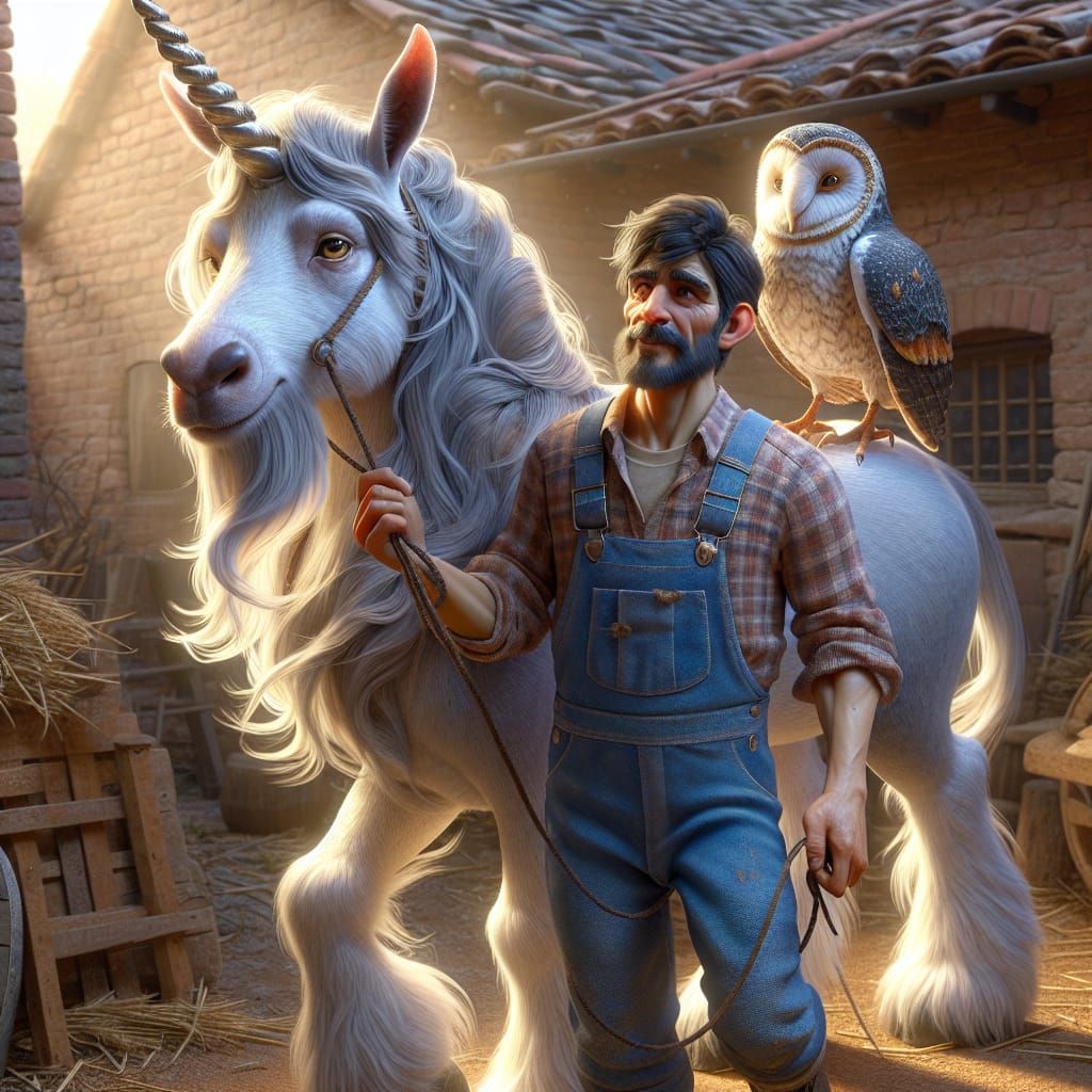Goat Farmer Leads Unicorn with Owl in 3D