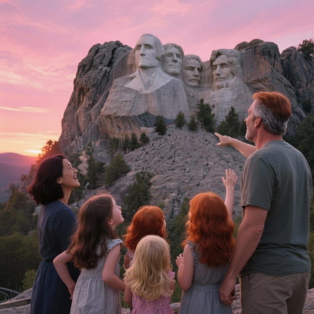 Family Watches Mount Rushmore Sunset in Photorealistic Detai...