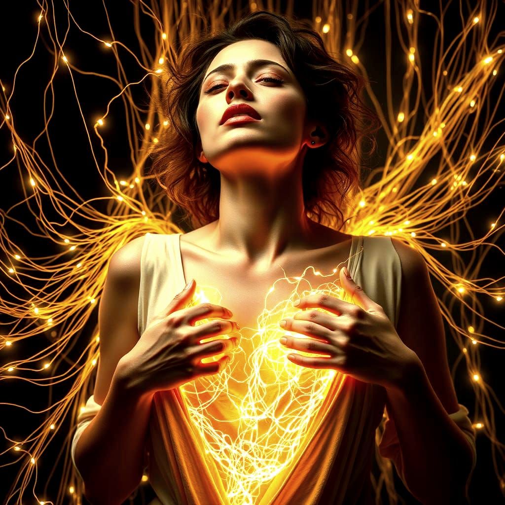 Woman Rips Glowing Light Tendrils in String Art