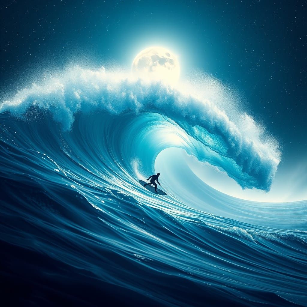 Surfer Glides on Radiant Wave under Starry Night Sky