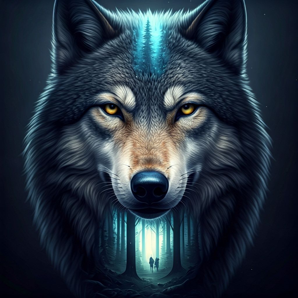 Wolf Graphite Drawing Transforms into 3D Luminous Forest