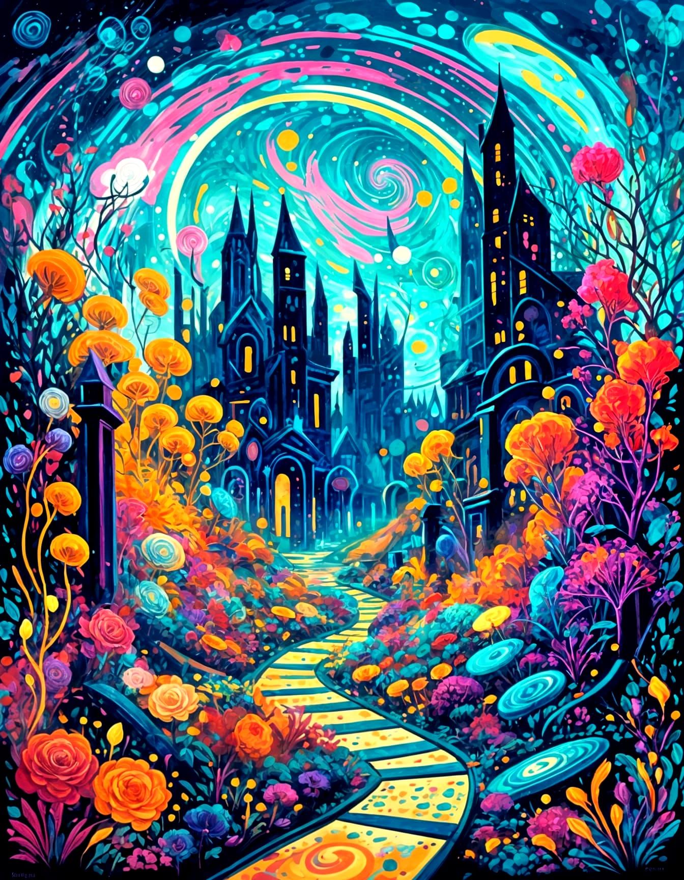Cosmic Expressionist Path Through Futuristic Graveyard