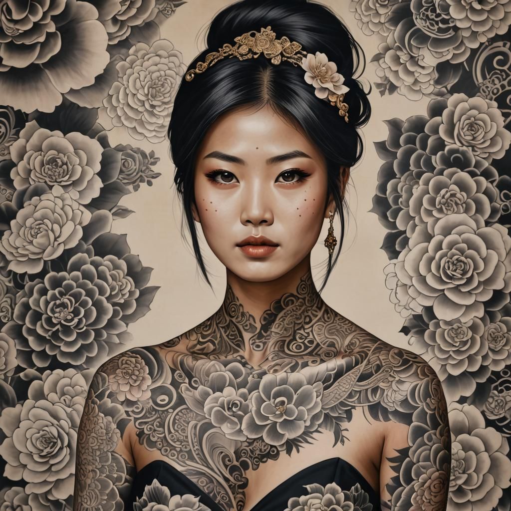 Asian Woman with Yakuza Tattoo Portrait