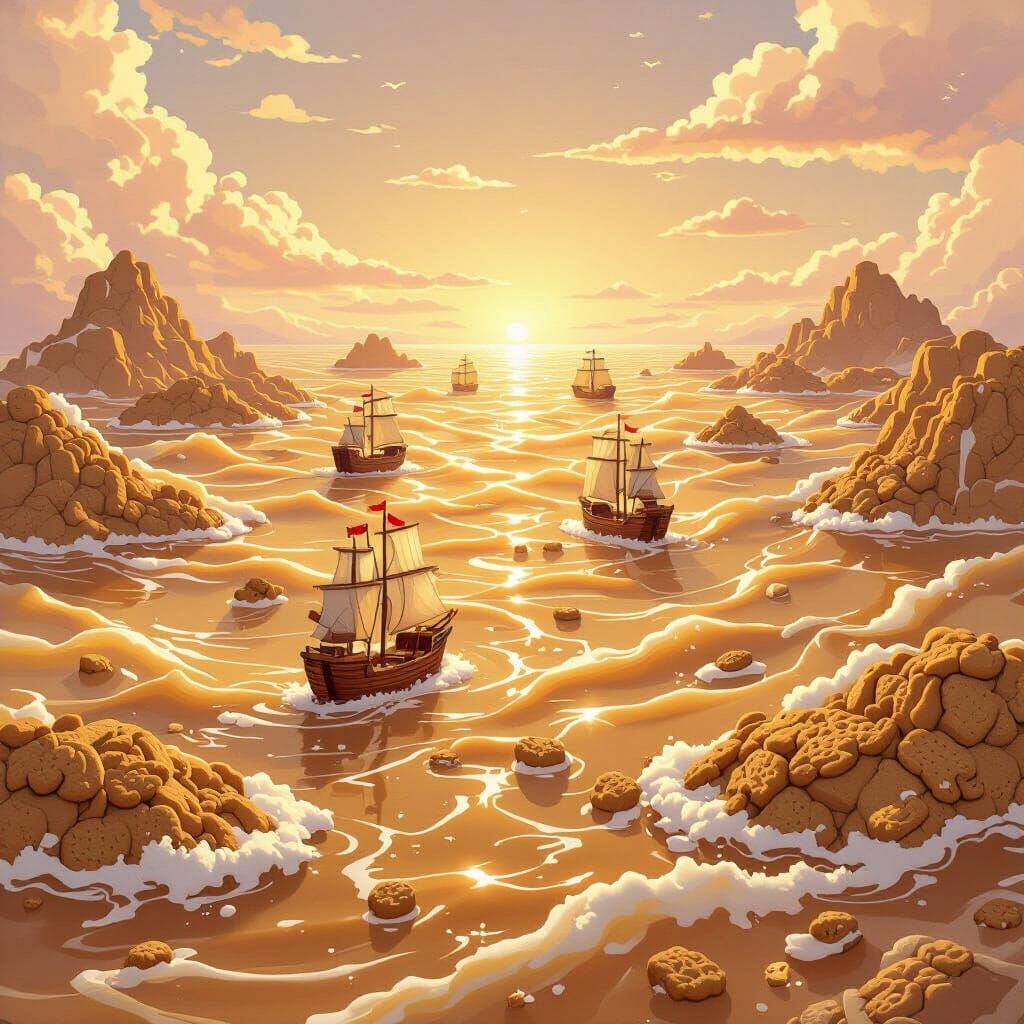 Caramel Ocean with Gingerbread Ships in Dreamy Digital Art