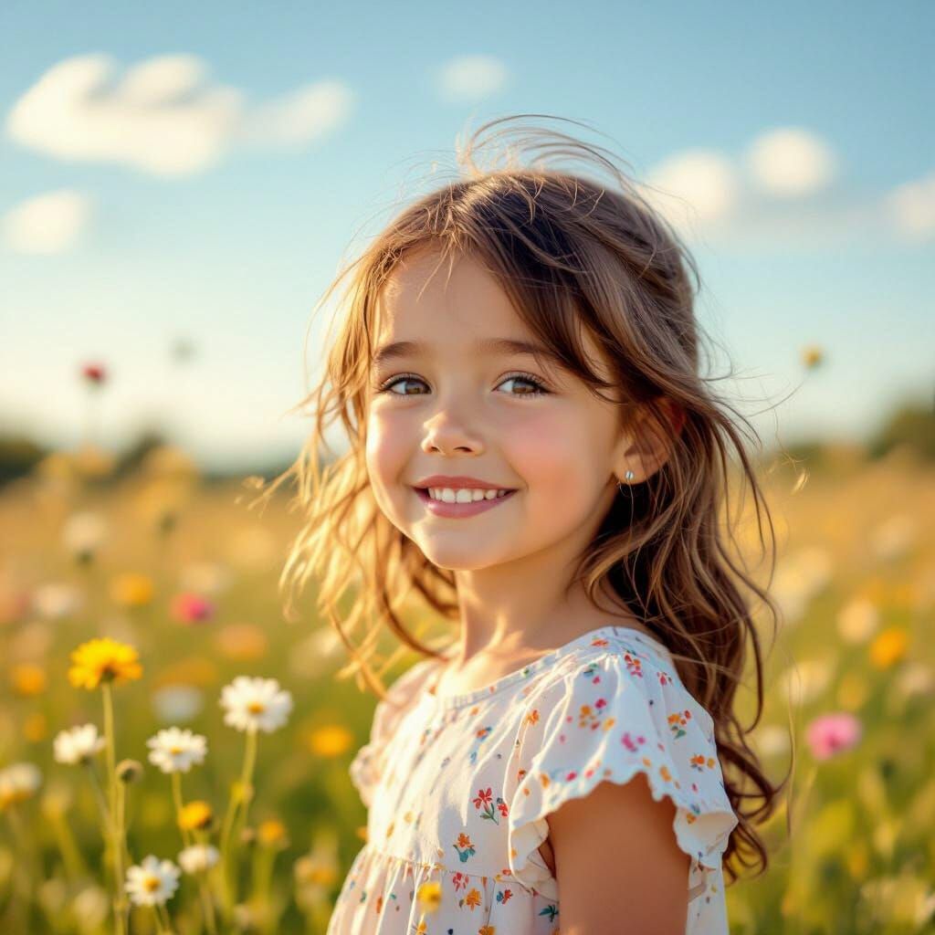 Young Girl in Sunny Wildflower Meadow