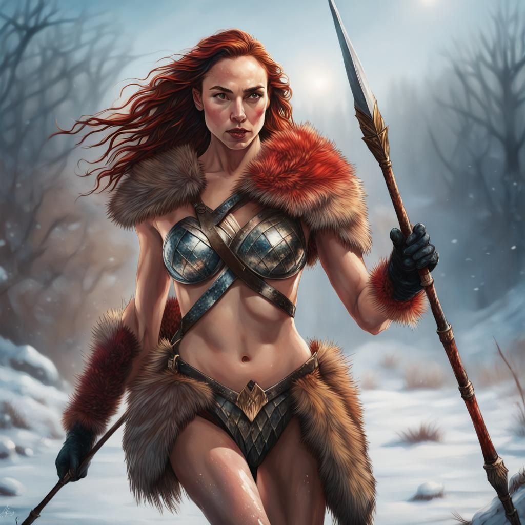 Red Sonja Inspired Winter Huntress in Hyperreal Style