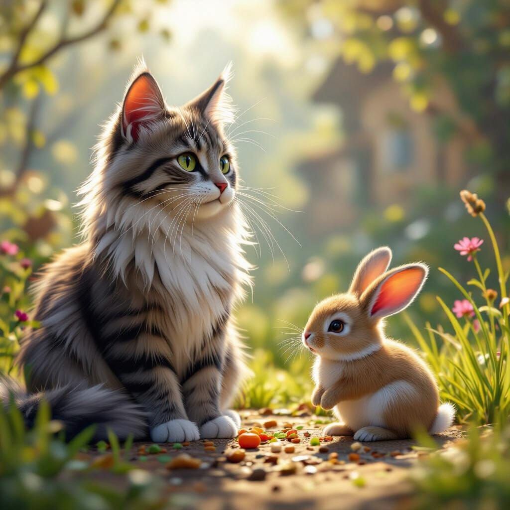 Cat Watching Bunny: 3D Game Cinematic Scene