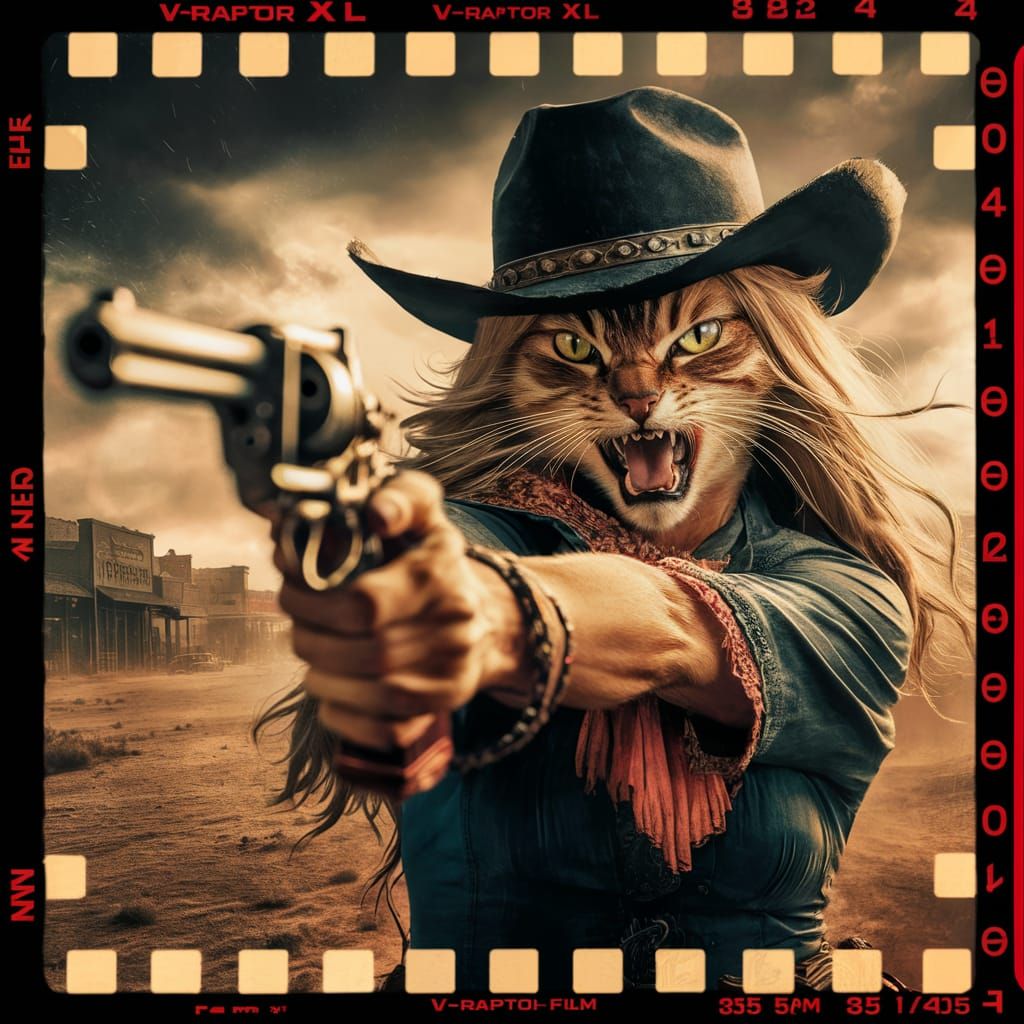 Fierce Cowgirl Cat in Cinematic Western Scene