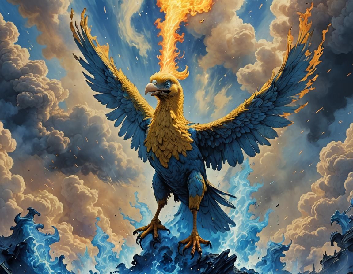 Big Bird emerging from blue flames in the sky above
