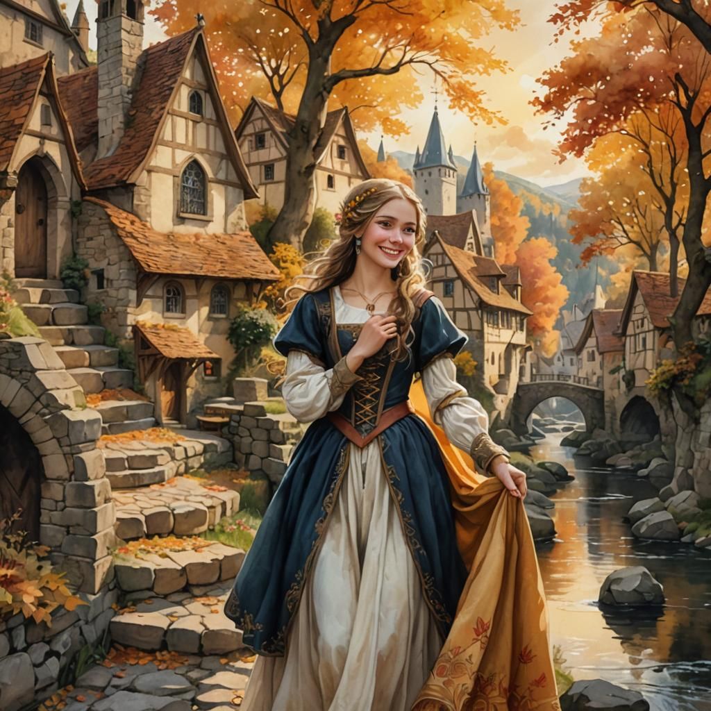Medieval Maiden in Whimsical Fantasy Village