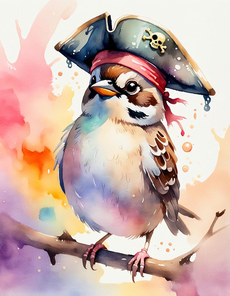 Sparrow in Pirate Hat: Whimsical Watercolor Illustration