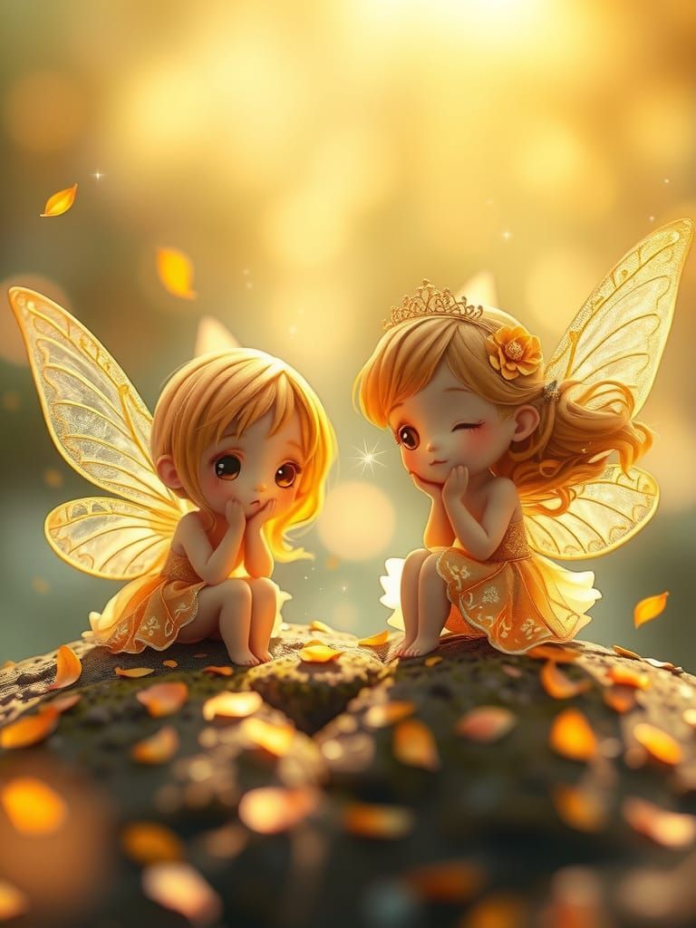 Chibi Fairies in Golden Light with Shimmering Wings