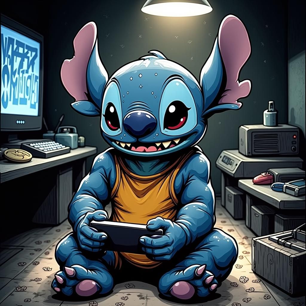 Stitch in a Cyberpunk Gaming Den