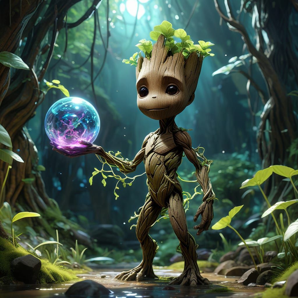 Little Groot in Whimsical Forest Landscape