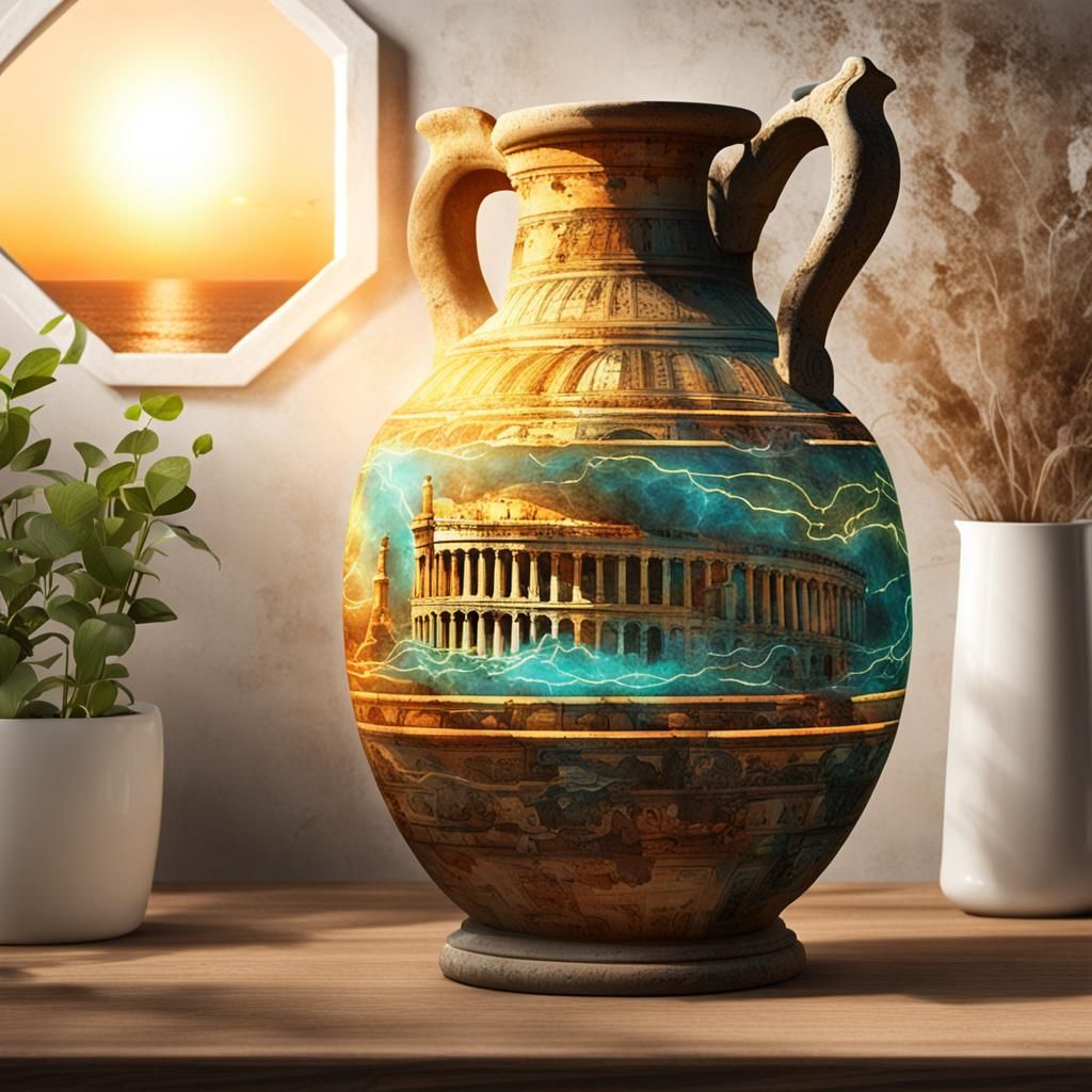 Antique Amphora with Greece Image in Neon