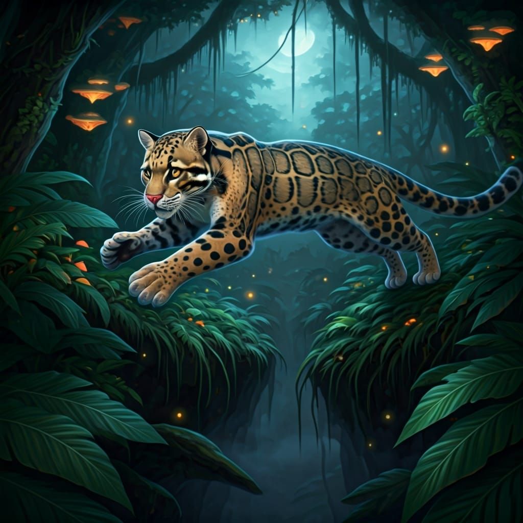 Clouded Leopard Leaps in Bioluminescent Rainforest as Oil Pa...