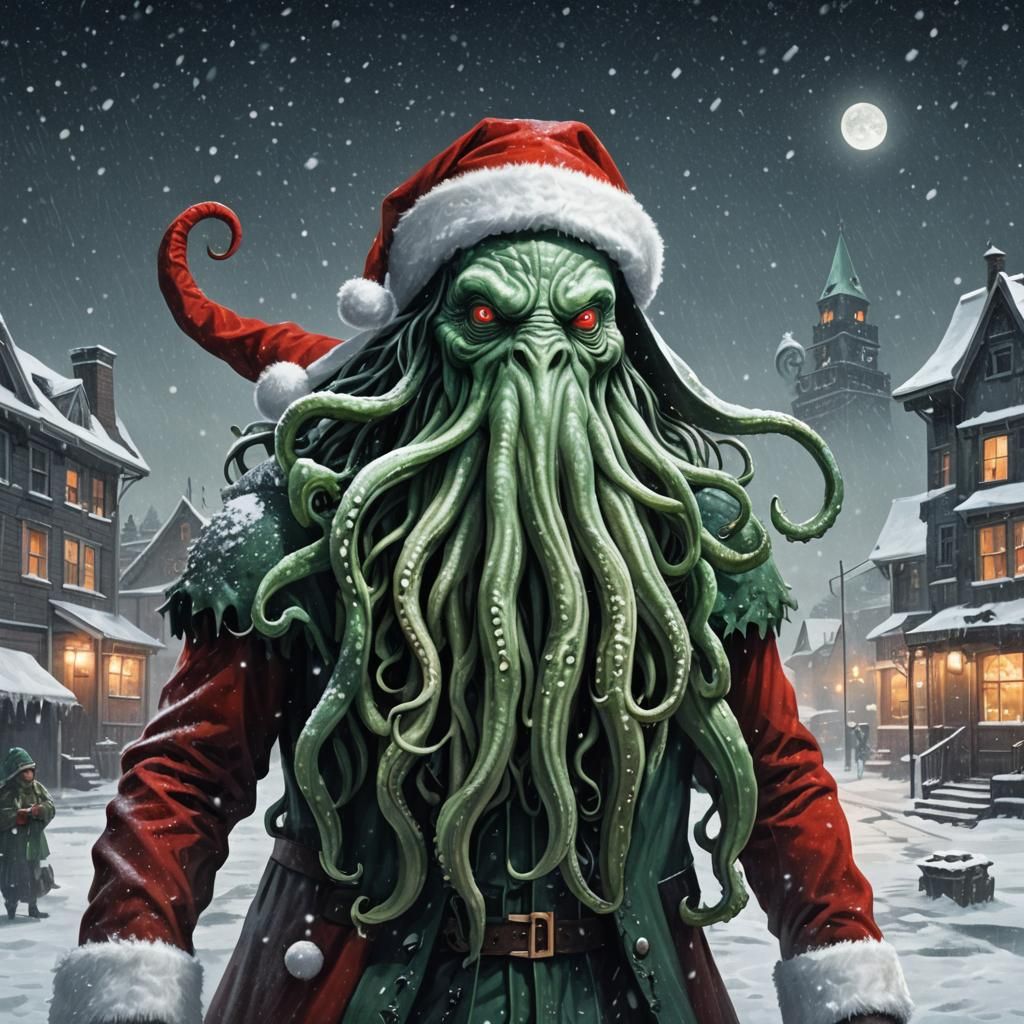 Realistic Illustration of Cthulhu Claus in Snow