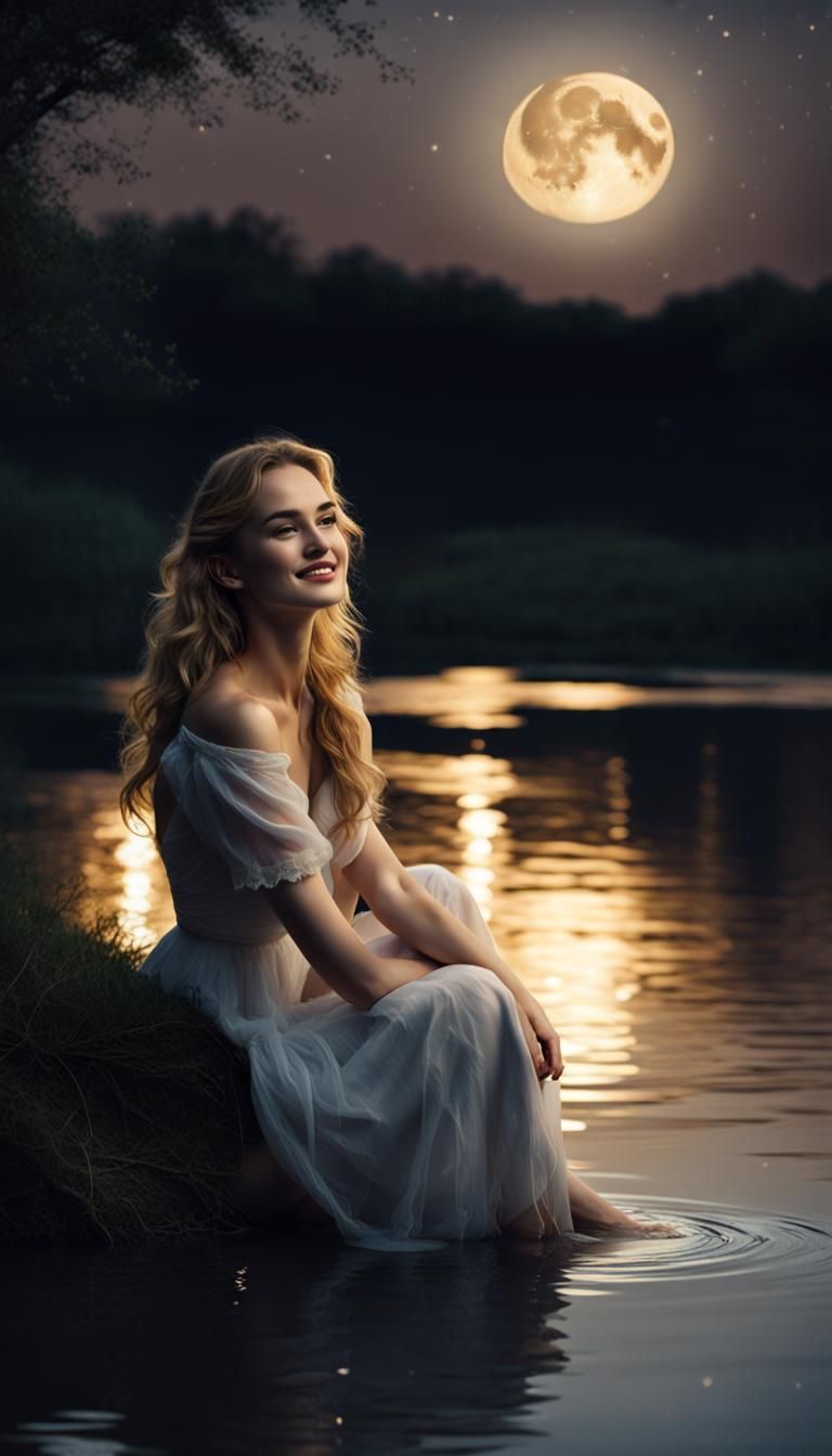 Moonlit Riverbank: Woman in Golden Light