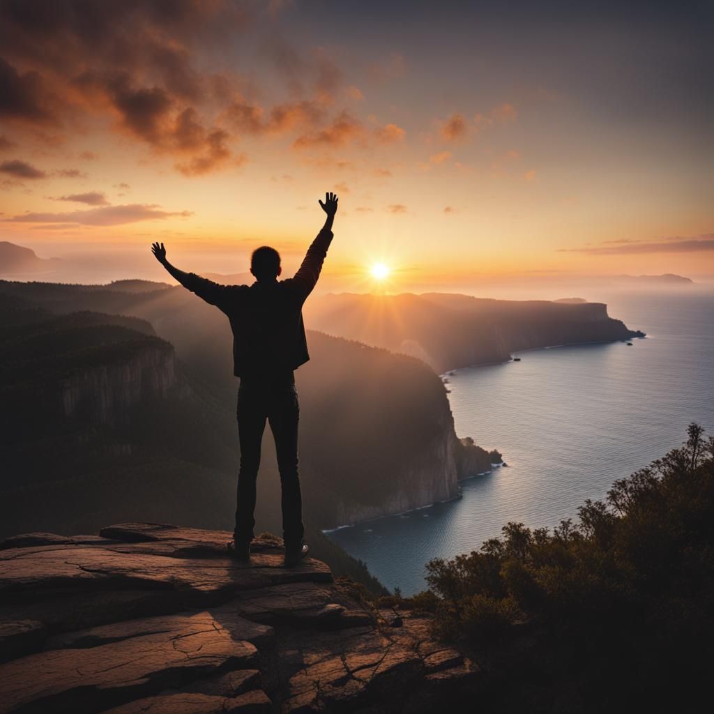 Silhouette on Cliff Edge Embraces Sunrise