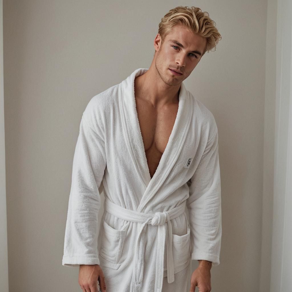 Muscular Blond Man in Open Bathrobe