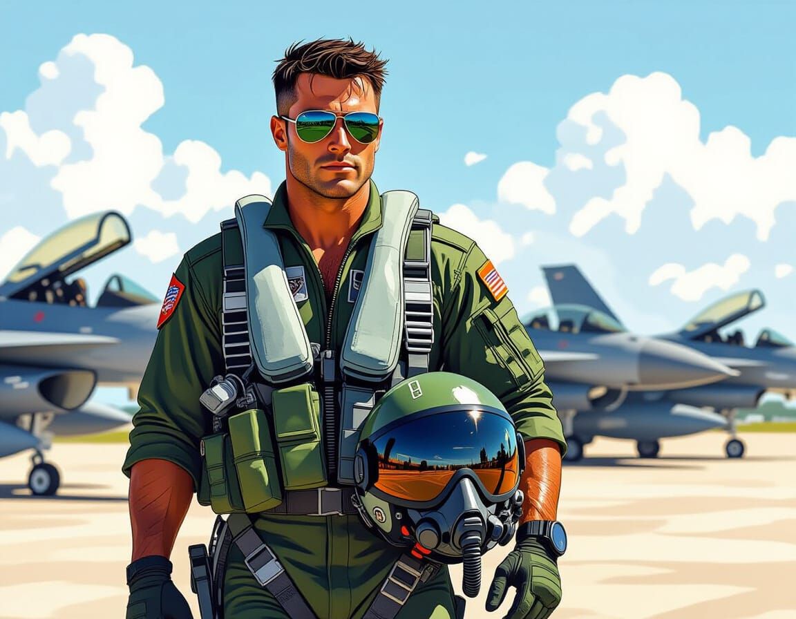 Hyperrealistic Military Pilot on Airfield in Comic Book Styl...