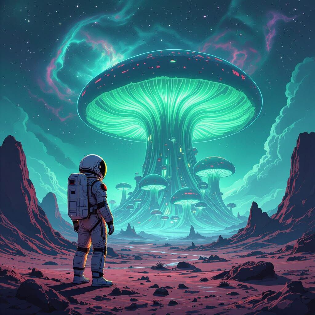 Astronaut Gazes at Alien Mushroom Forest Under Nebula Sky