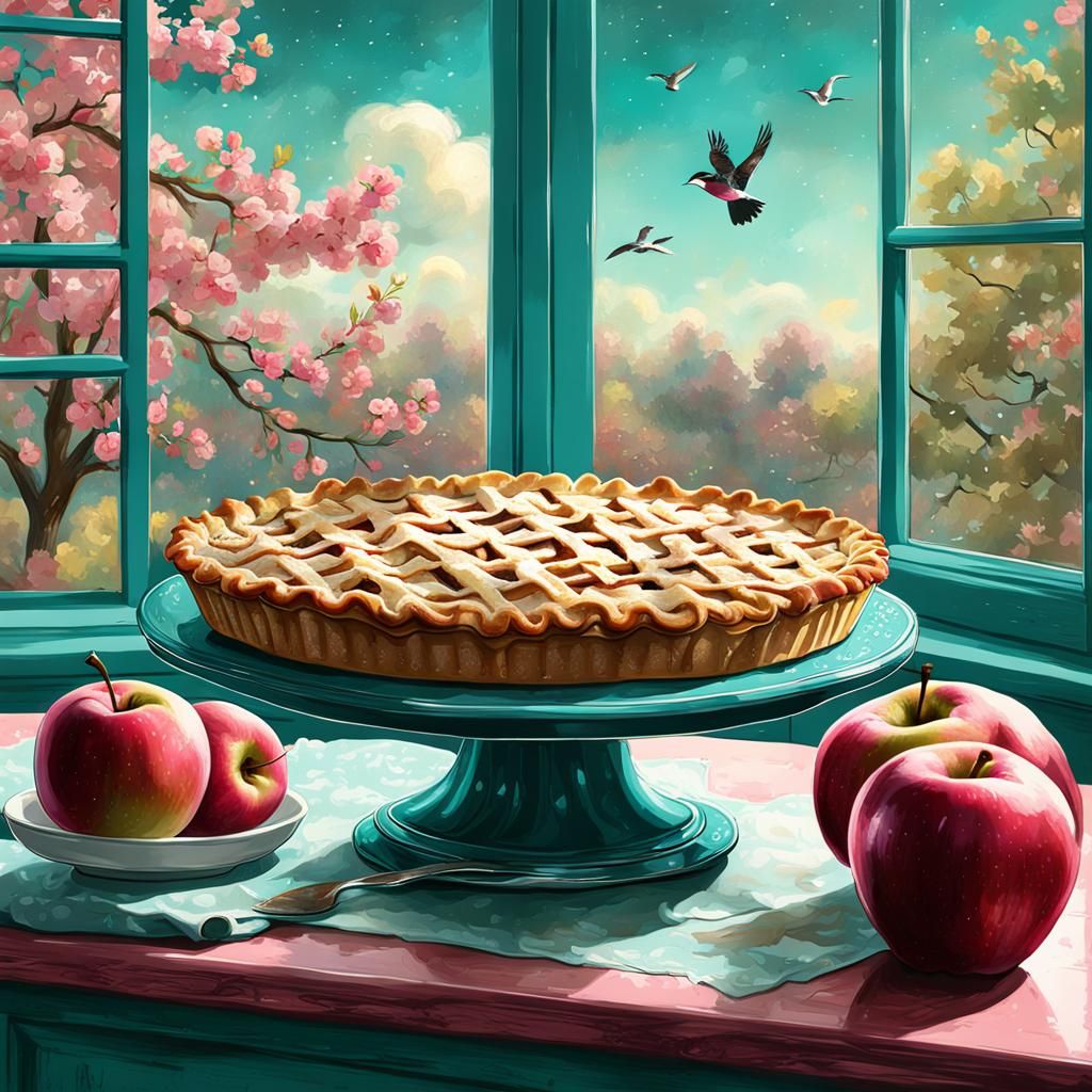 Warm Dutch Apple Pie in Retro Kitchen, Digital Painting