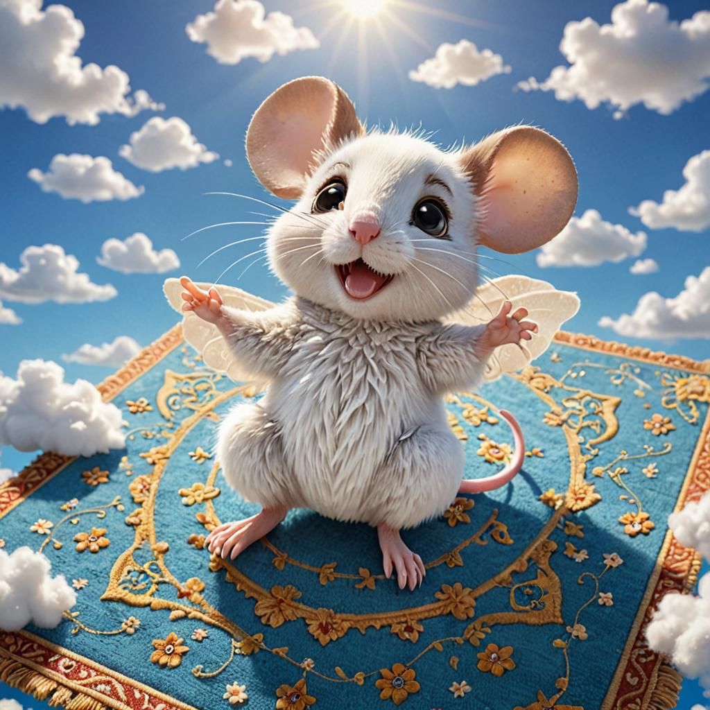 Chibi Mouse on Magic Carpet in Whimsical Sky