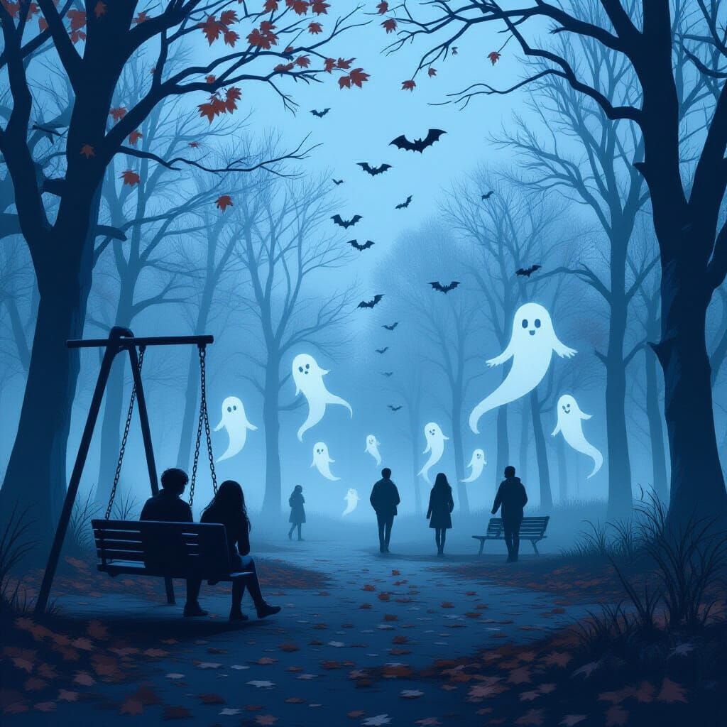 Foggy Park Playground with Ghosts and Bats