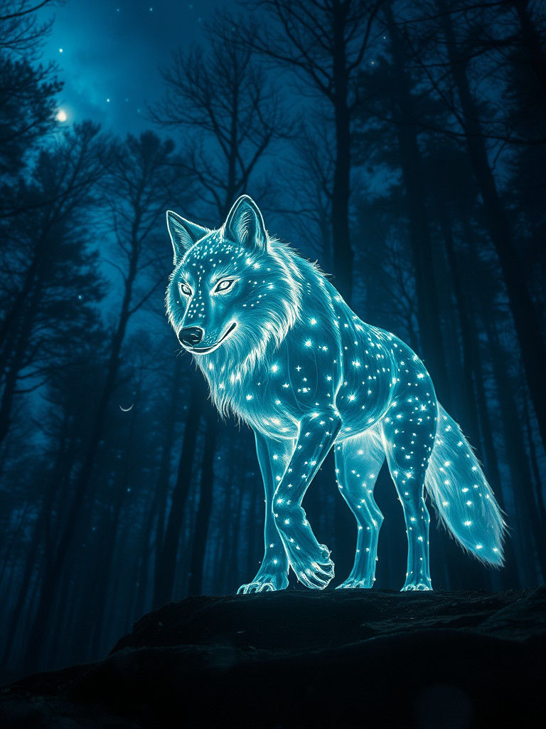 Glowing Wolf Spirit in Midnight Forest, Klimt Style