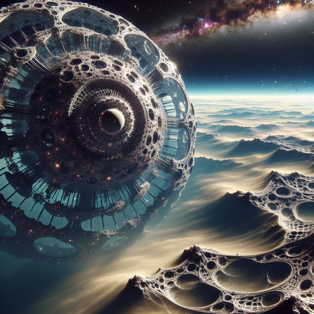 Alien Derelict Ship Orbiting Dying Star in HDR