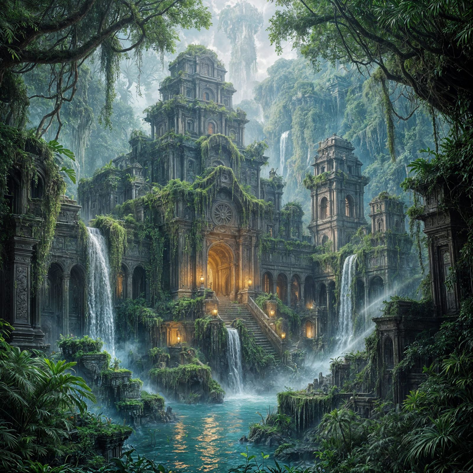 Jungle City Ruins Ethereal Light Dark Fantasy Concept Art