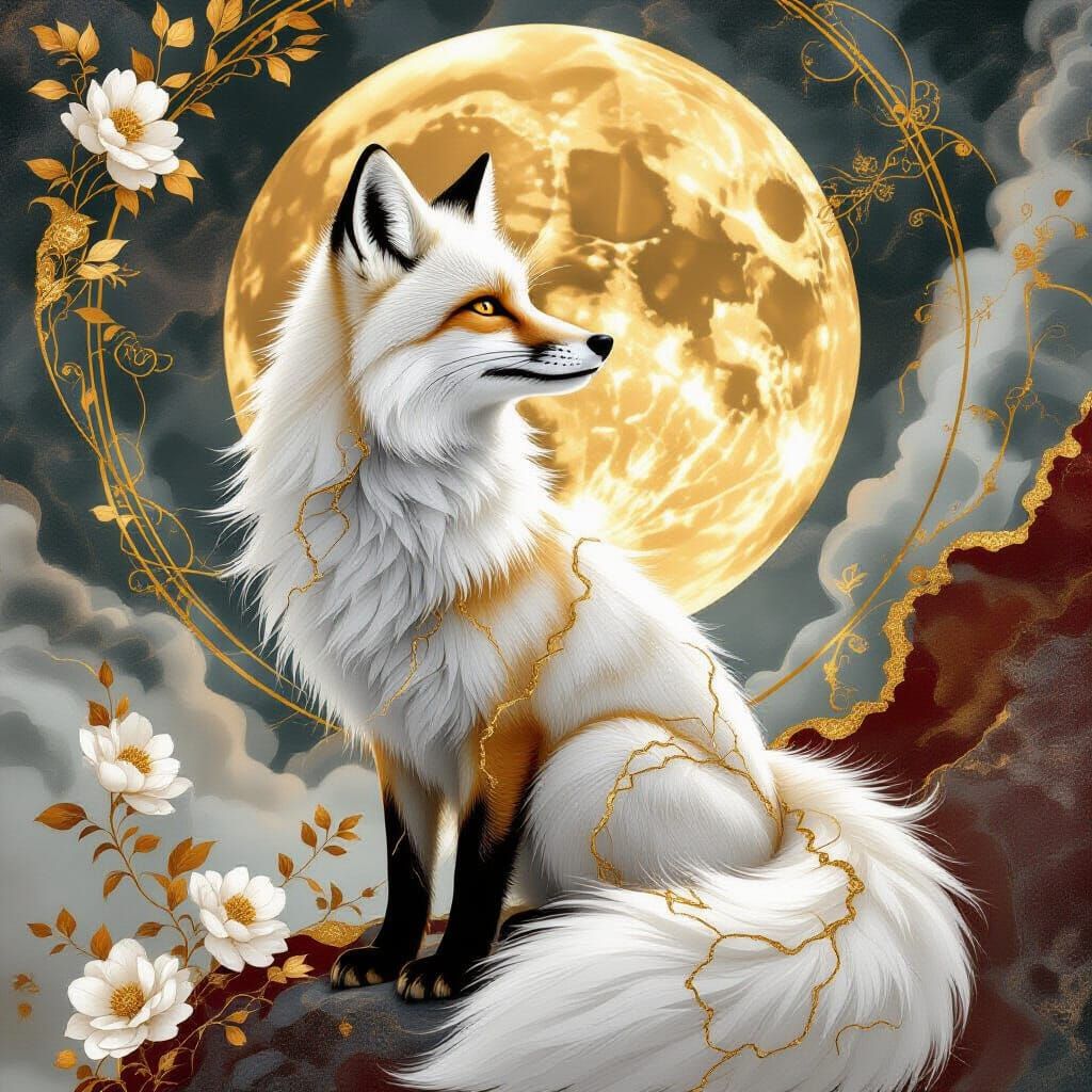 Majestic White Fox with Kintsugi Gold Threads