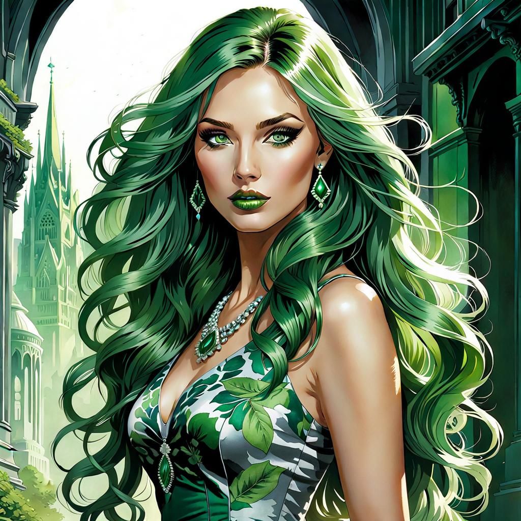Beautiful Woman with Green Hair, Comic Book Art