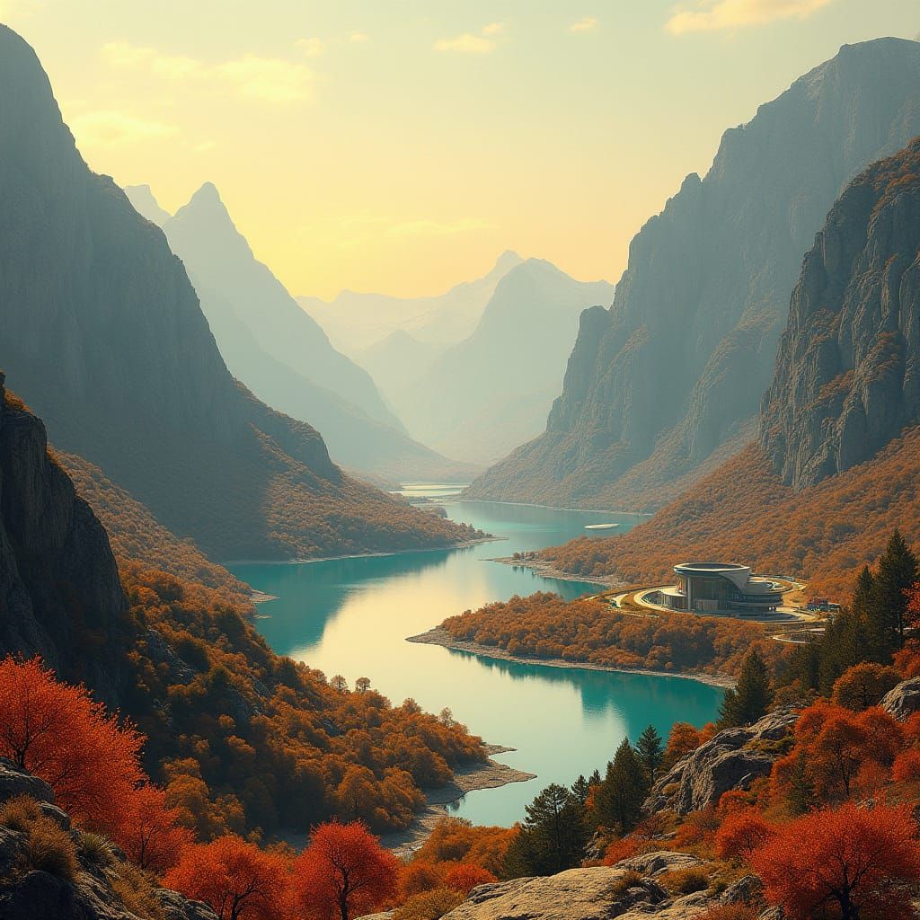 Surreal Futuristic Swiss Landscape in Warm, Vibrant Hues