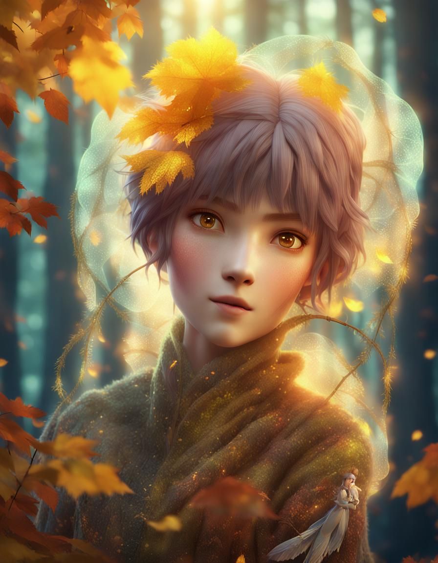 Delicate Fairy in Autumn Forest: 3D Anime Art