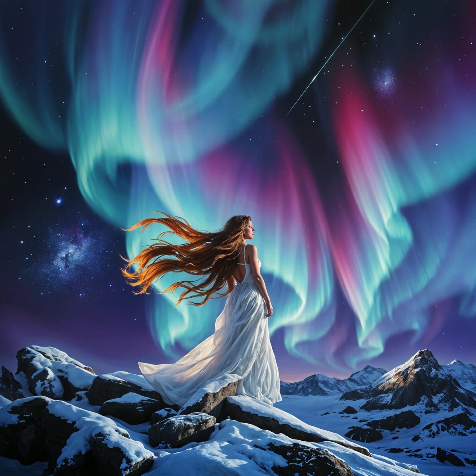 Ethereal Arctic Aurora Borealis with Celestial Woman