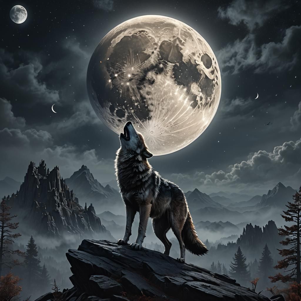 Mystical Wolf Howling at Misty Moon